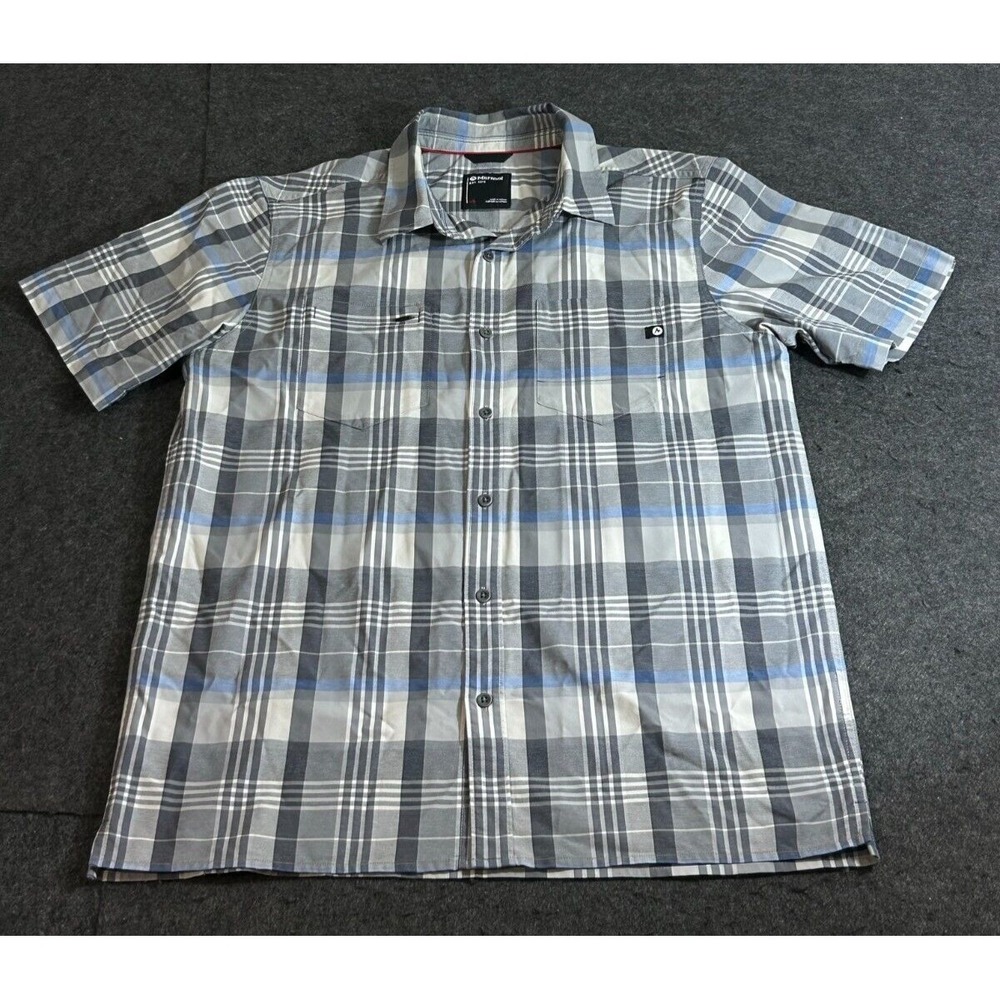 Marmot Men's Button Up Short Sleeve Grey Blue Plaid Outdoor Shirt Size Large